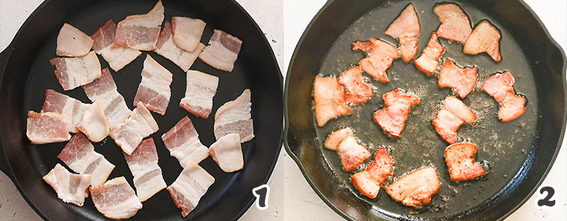 sauteing the bacon in a pan