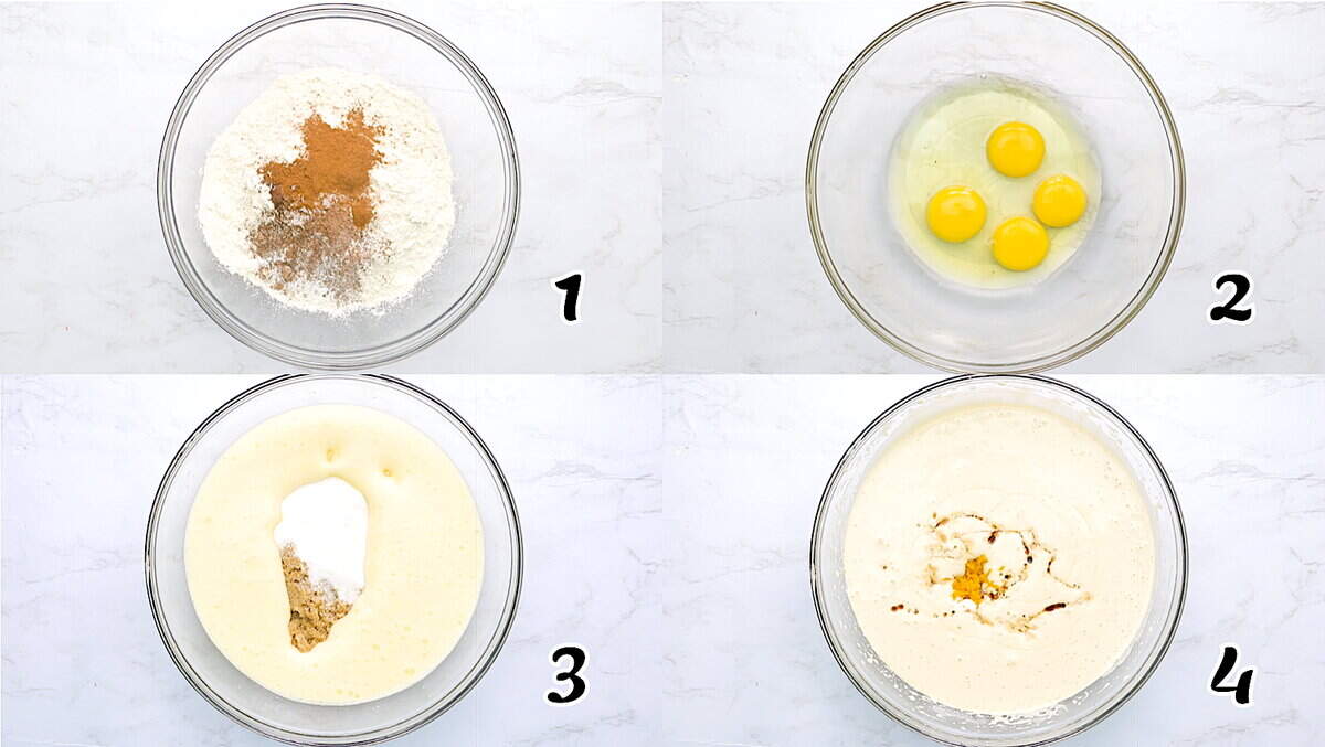 Mix the dry ingredients, beat the eggs, add the sugar and add the rest of the wet ingredients.