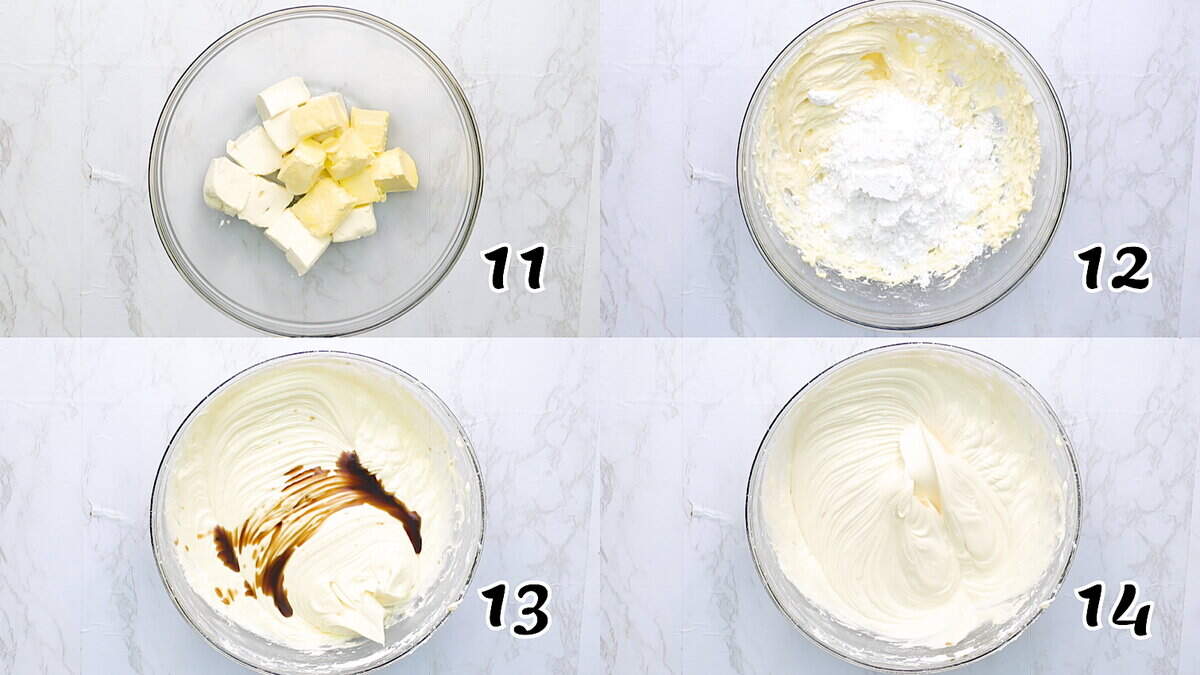 Cream the butter and cream cheese, then add the vanilla to make the cream cheese frosting.
