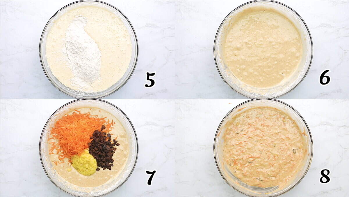 Mix the dry and wet ingredients, then stir in the carrots, pineapple and raisins.