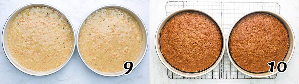 Pour the batter into the prepared cake pans and bake.
