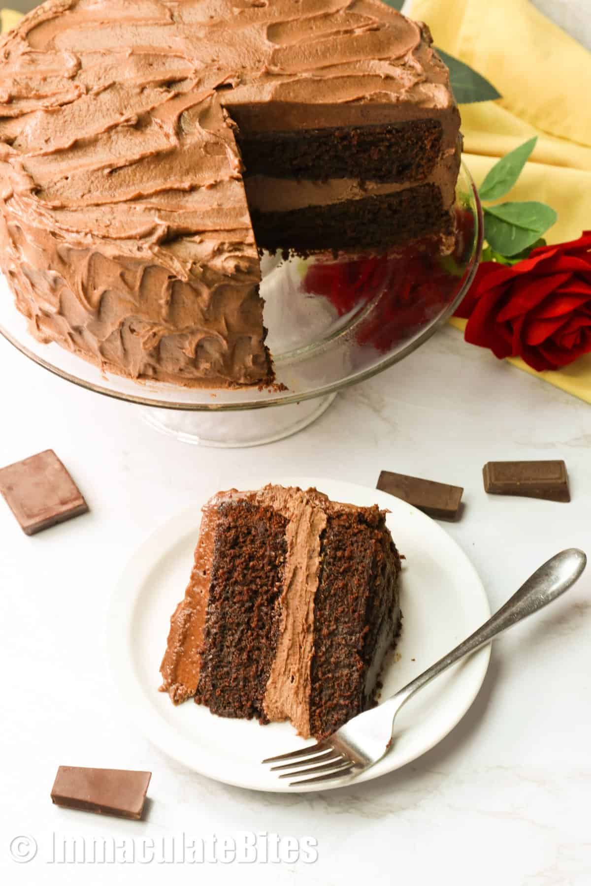 Chocolate Mayonnaise Cake with a slice removed and ready to serve