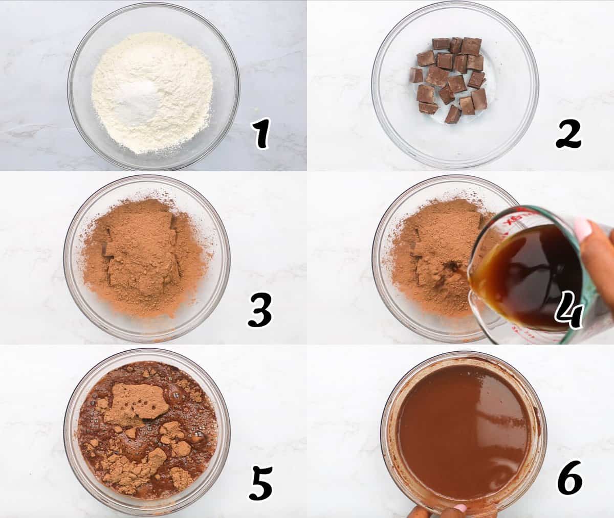 Mix dry ingredients, mix cocoa, and add hot coffee