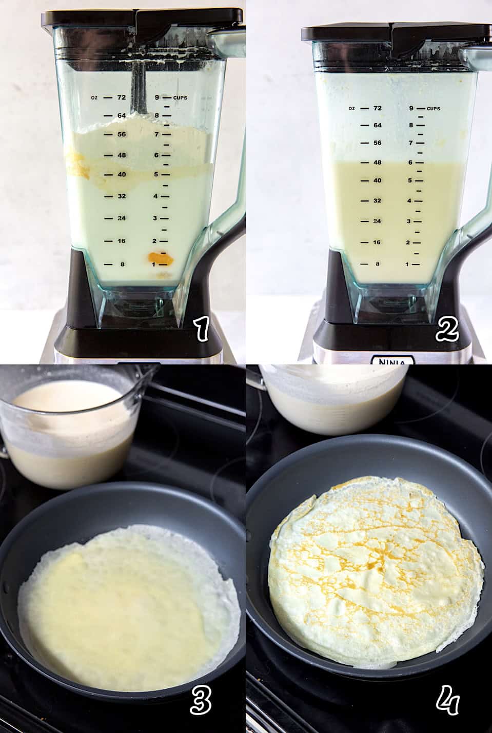 Easy 1-2-3 mix the ingredients in a blender and cook in a non-stick skillet
