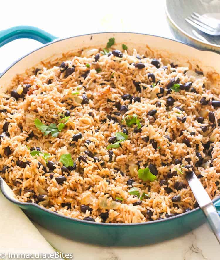 Black Beans and Rice in a skillet for the ultimate Caribbean experience