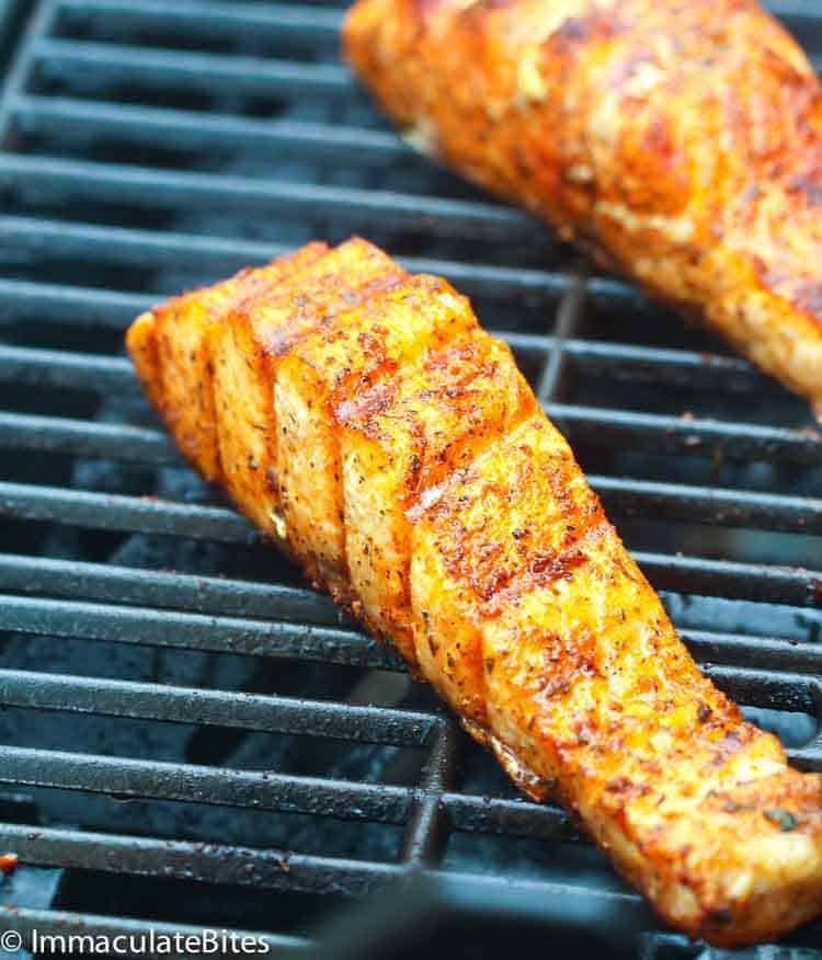 Grilling salmon steaks; both fillets and steaks work great for this recipe.