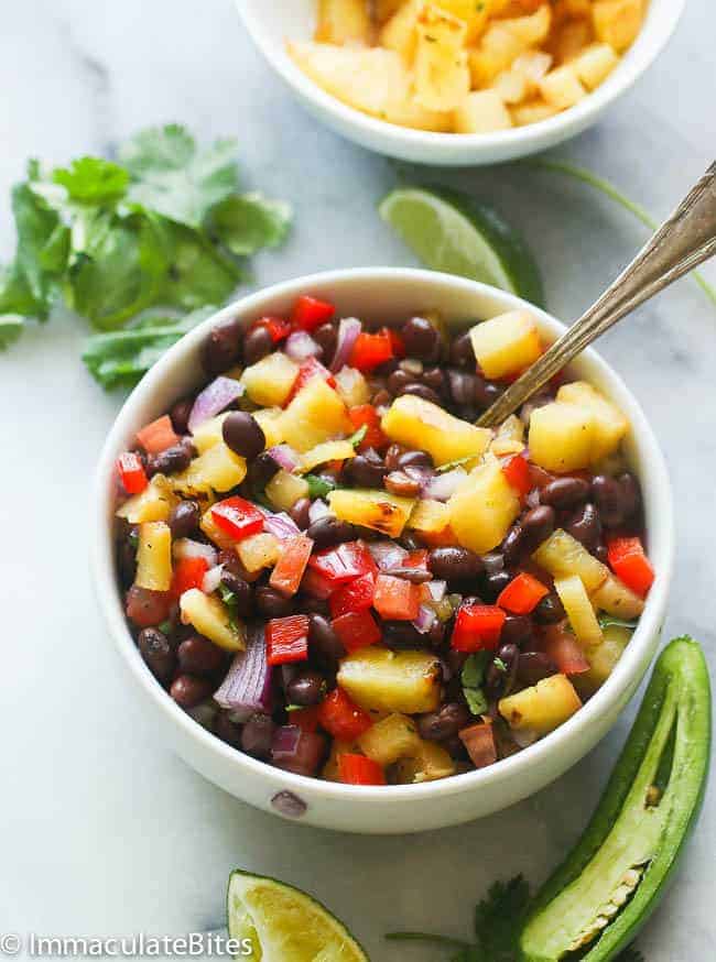 Grilled pineapple and black bean salsa as a delicious salsa with Jamaican jerk chicken