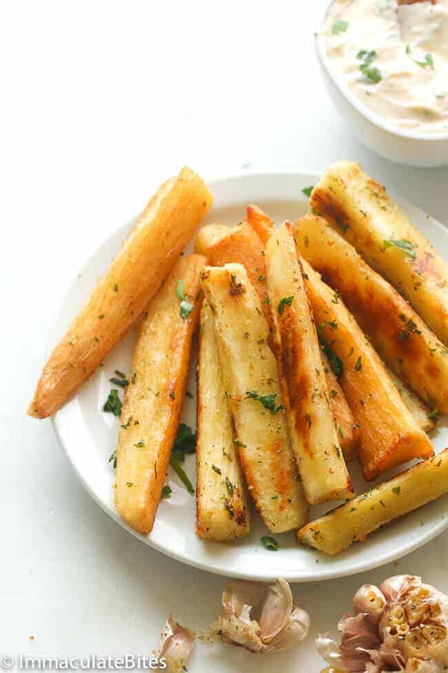 Yuca Fries with sauce is the perfect side dish for Jamaican jerk chicken