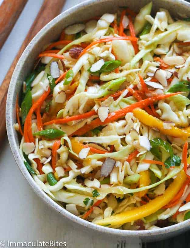 Colorful Caribbean coleslaw in a grey bowl