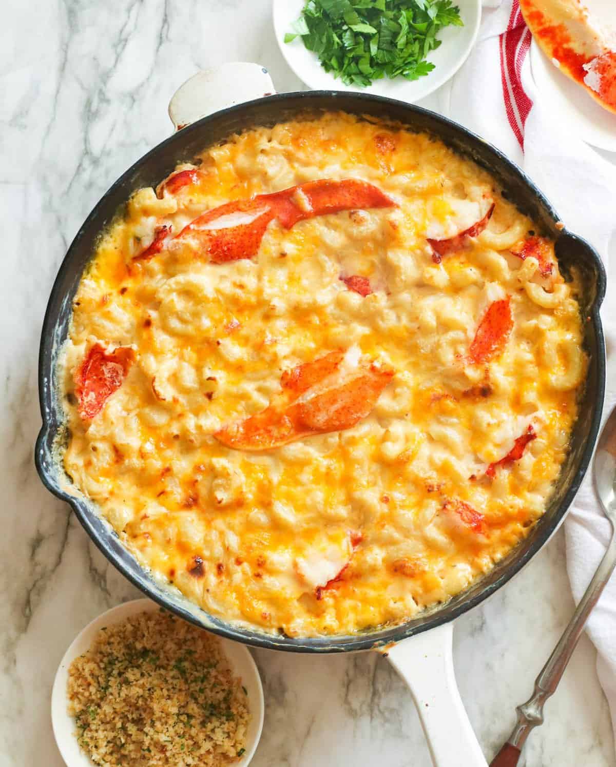 Lobster Mac and Cheese in a skillet