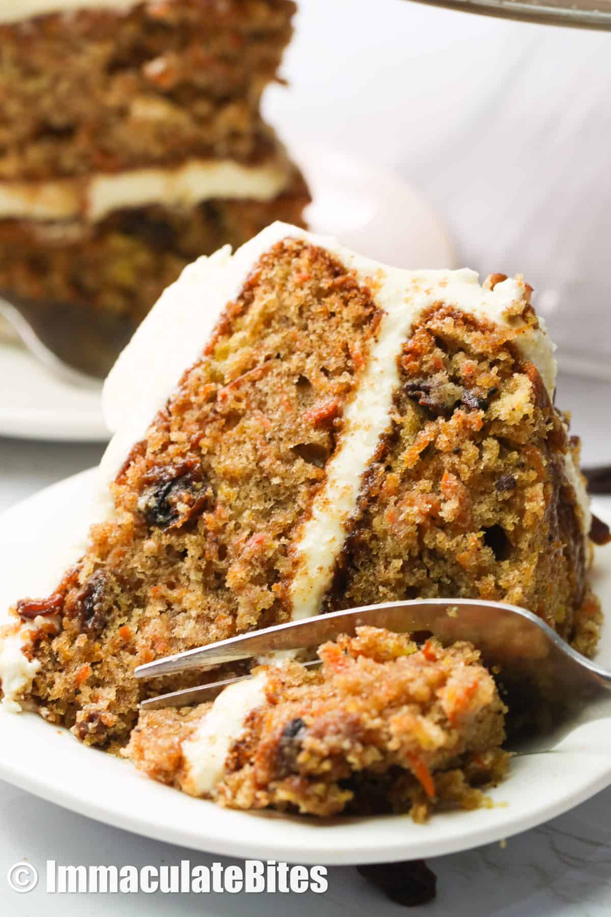 Closeup in a slice of carrot pineapple cake