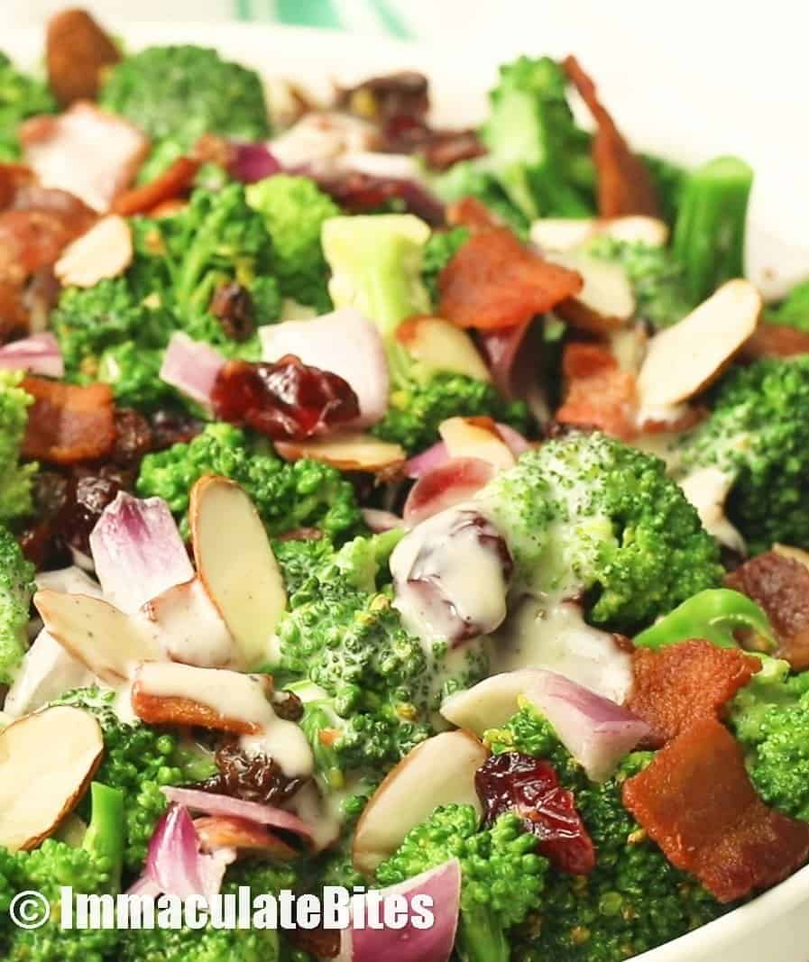 Bacon Broccoli Salad with dried cranberries and almonds