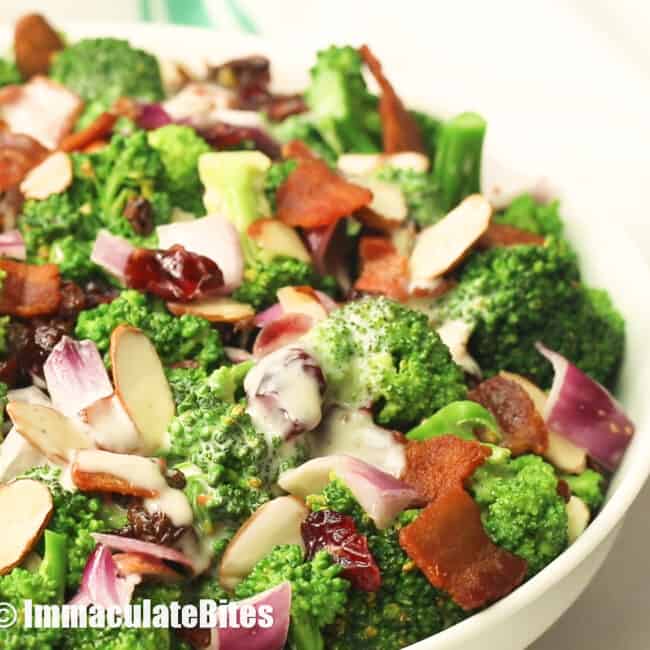 A bowl full of Bacon Broccoli Salad