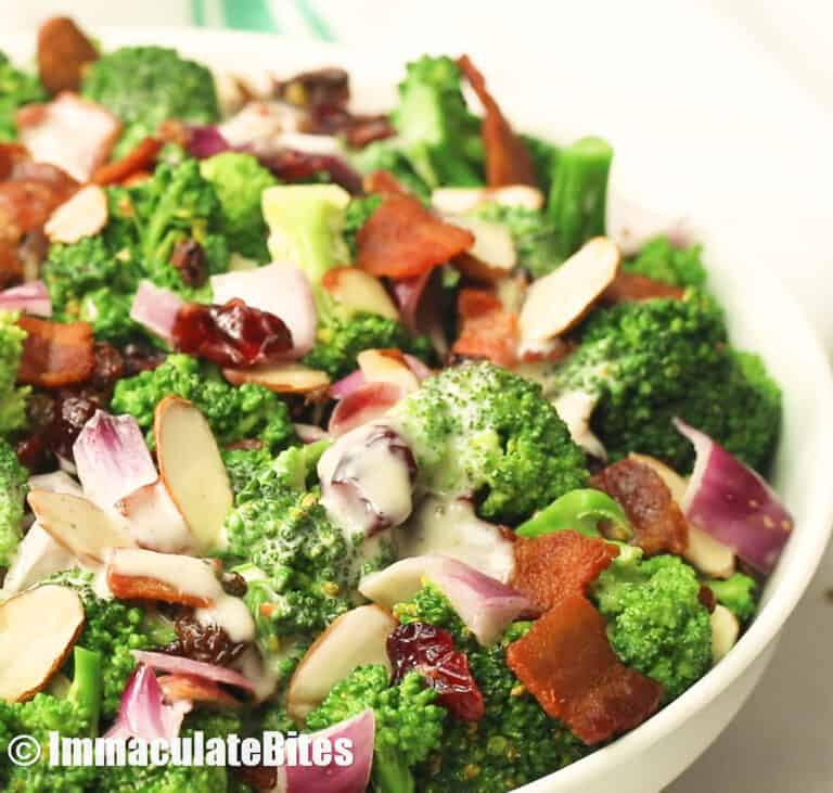 A bowl full of Bacon Broccoli Salad