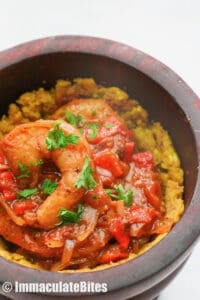 Mofongo with shrimp sauce in the mortar