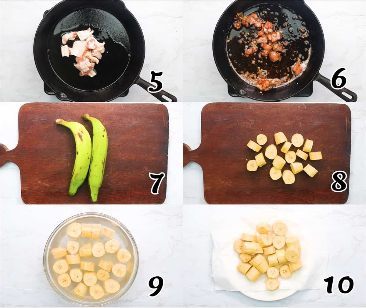 Fry the bacon and garlic and cook the plantains