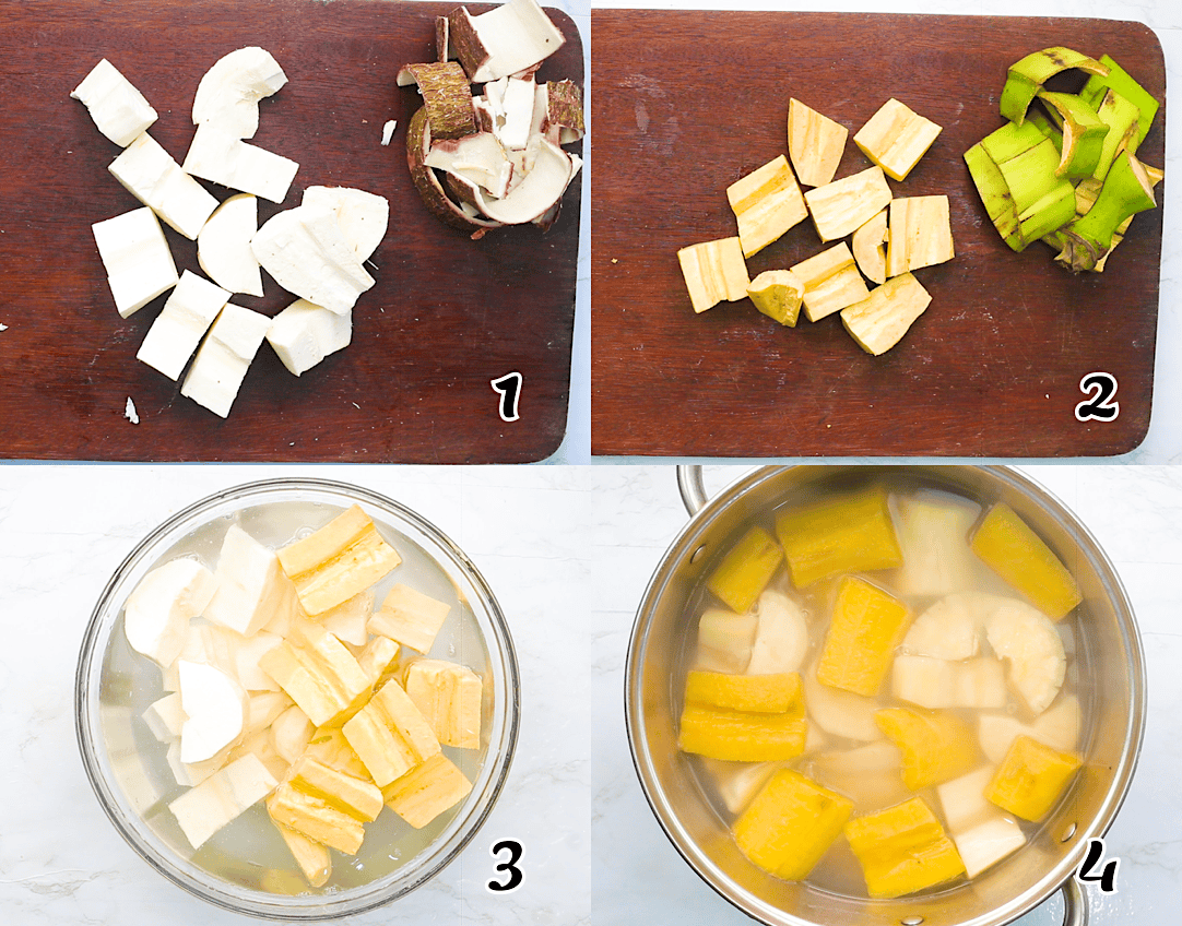 Peel, cut, soak, and cook the cassava and plantains.