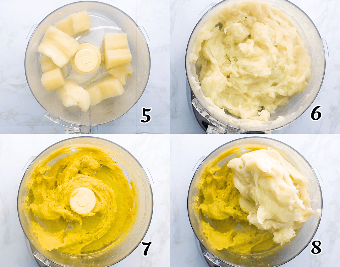 Puree the cassava and plantains, then combine them.