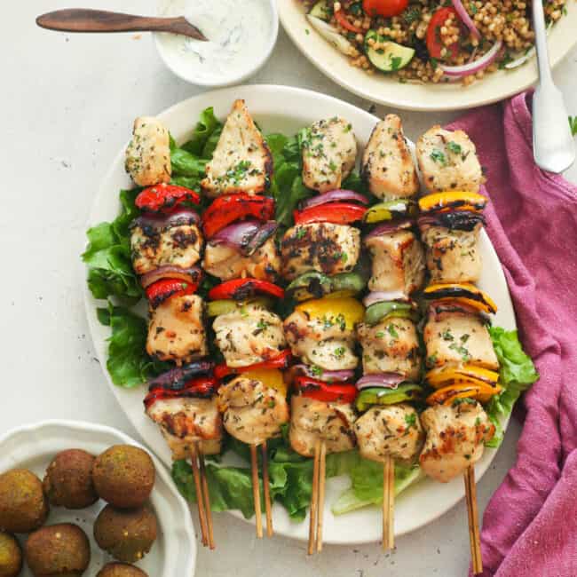 Chicken kabobs with falafel and couscous