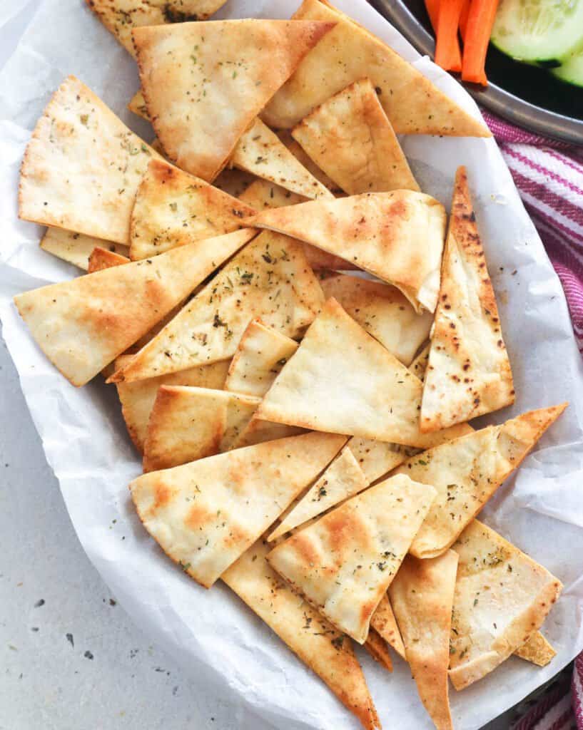 Fresh pita chips in a basket