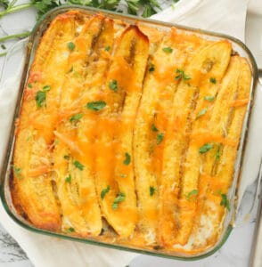 A pan of pastelon (plantain lasagna)