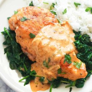 Florentine chicken on a bed of spinach with rice