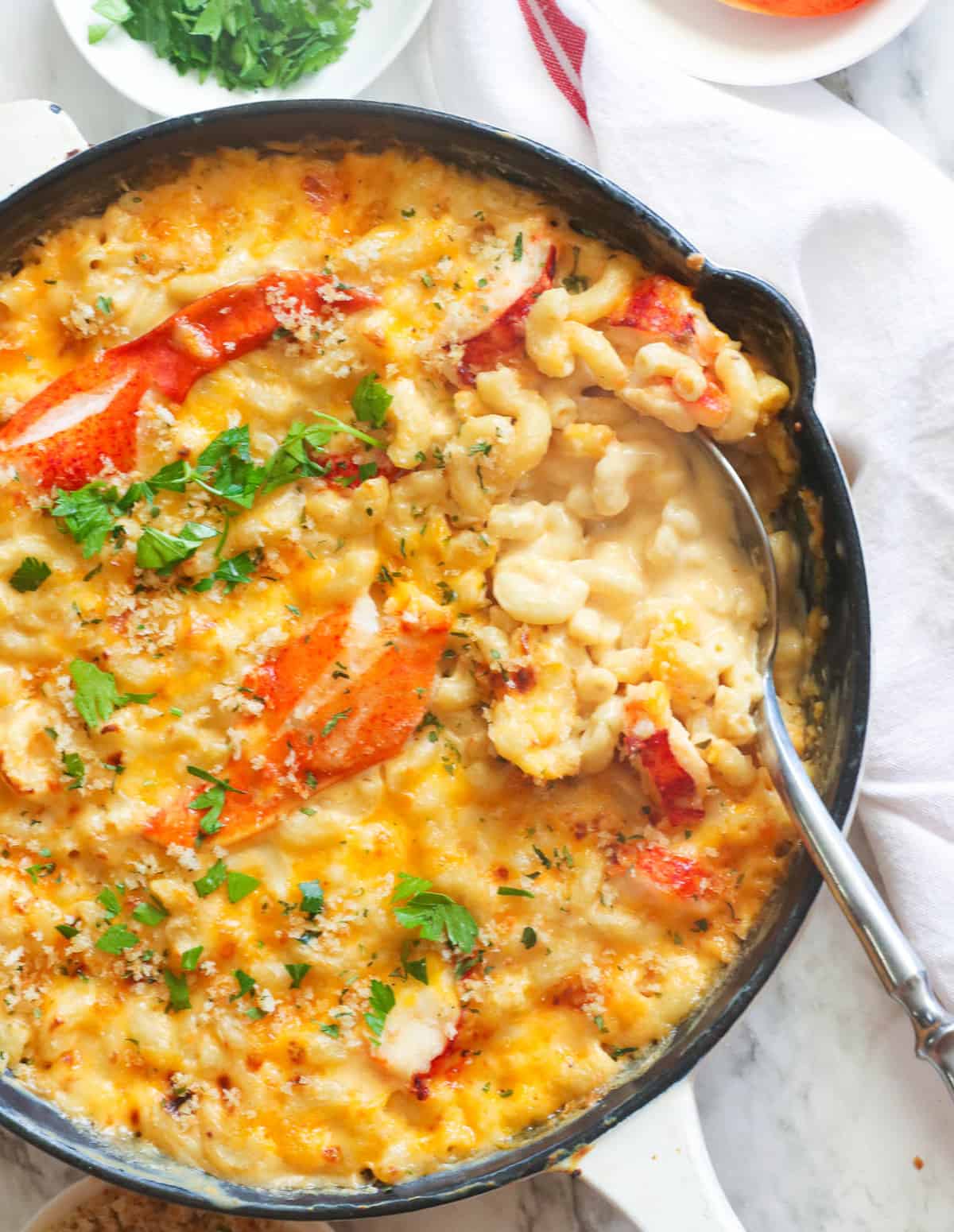 Lobster Mac and Cheese ready to spoon into the bowl