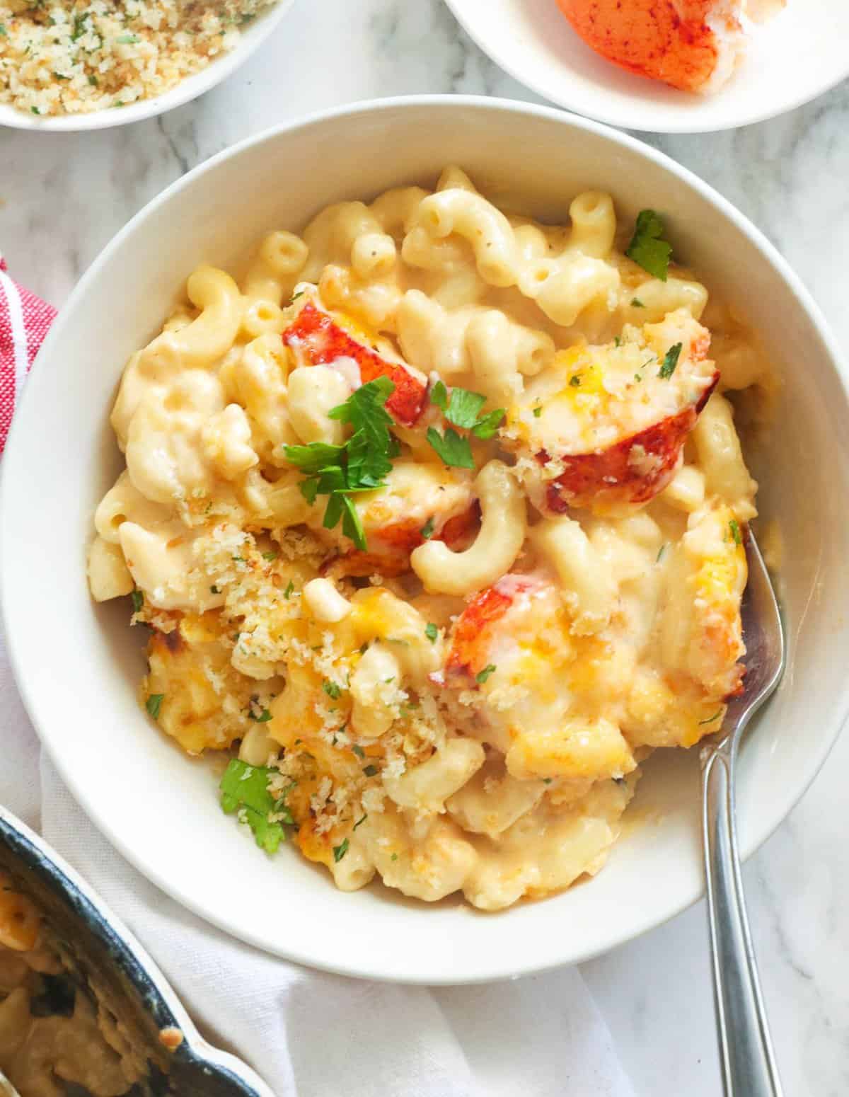 A bowl of delicious lobster mac and cheese