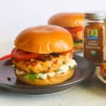 Grilled salmon burgers with organic Cajun seasoning