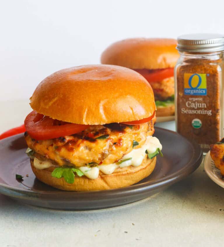 Grilled salmon burgers with organic Cajun seasoning