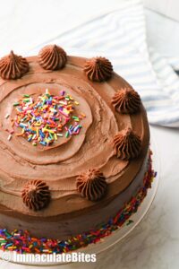 Yellow cake with chocolate frosting and sprinkles