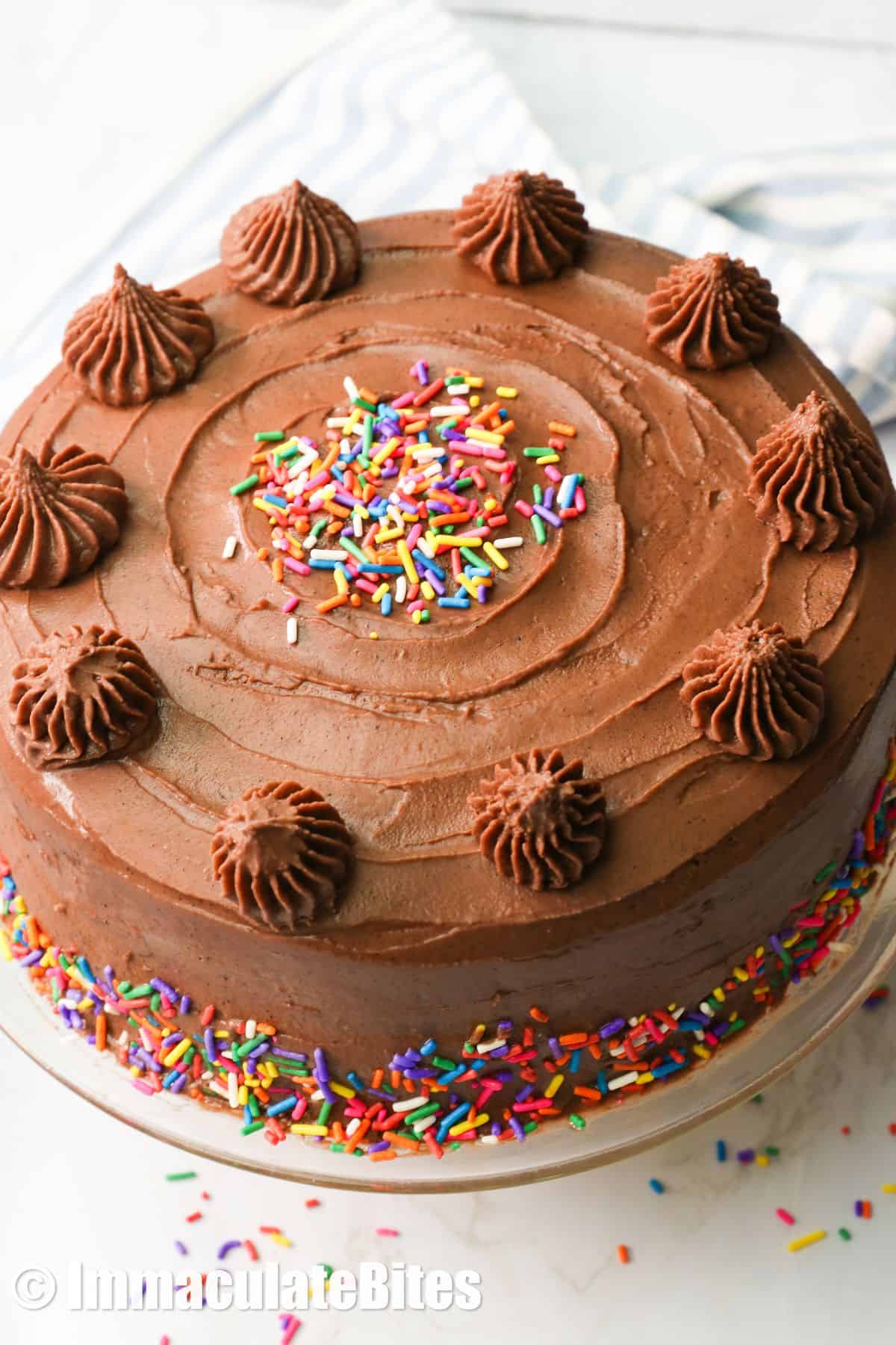 A whole yellow cake with chocolate frosting and sprinkles