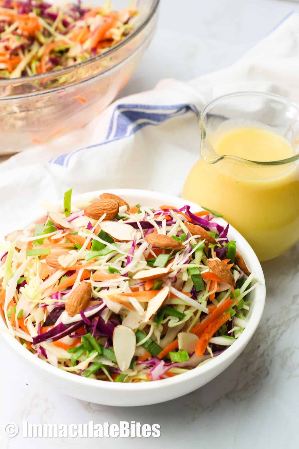 A bowl of vinegar coleslaw with dressing on the side