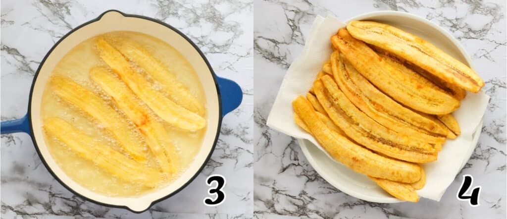Frying and draining the plantain slices