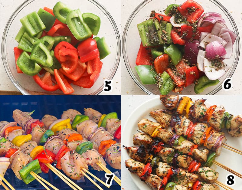 Alternating meat and vegetables on the skewers