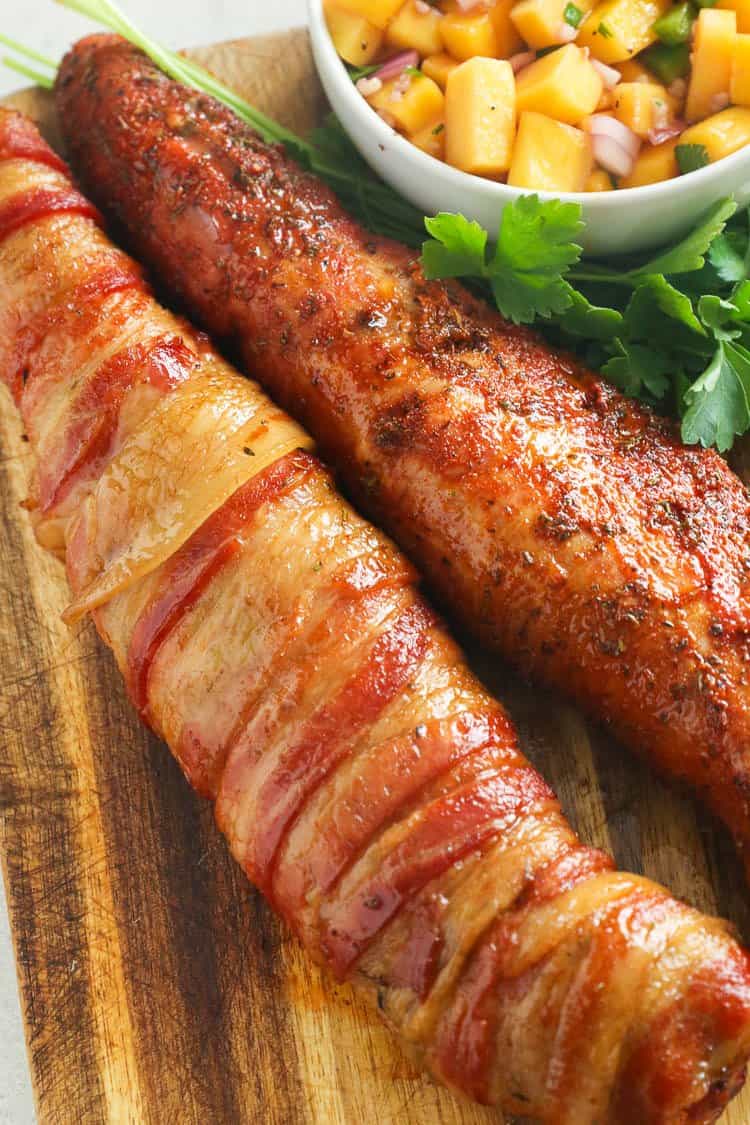 Tasty Smoked Bacon-Wrapped Pork Tenderloin with mango salsa