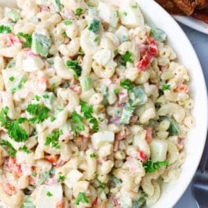 A closeup of macaroni salad