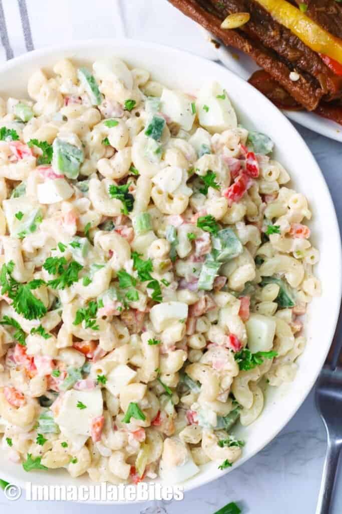 A closeup of macaroni salad