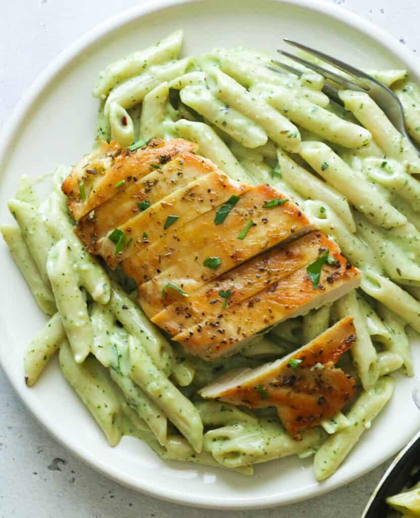 Chicken Pesto Pasta on a white plate