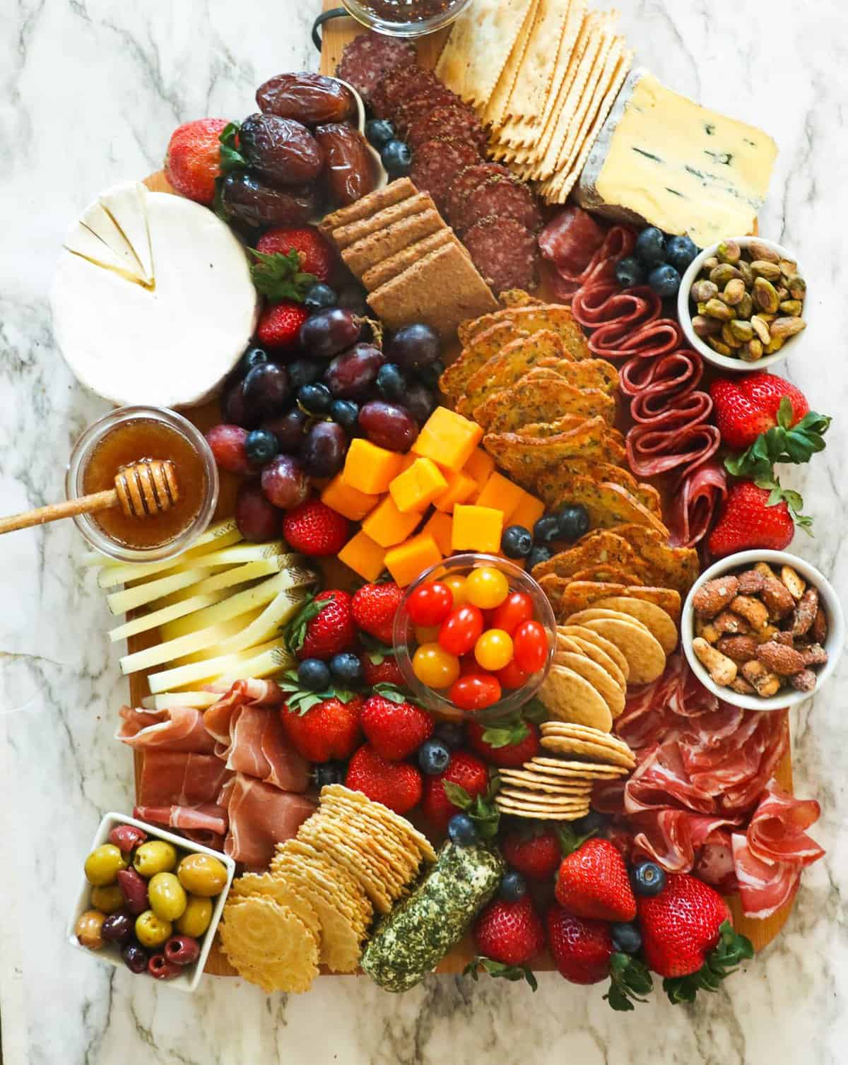 A finished charcuterie board