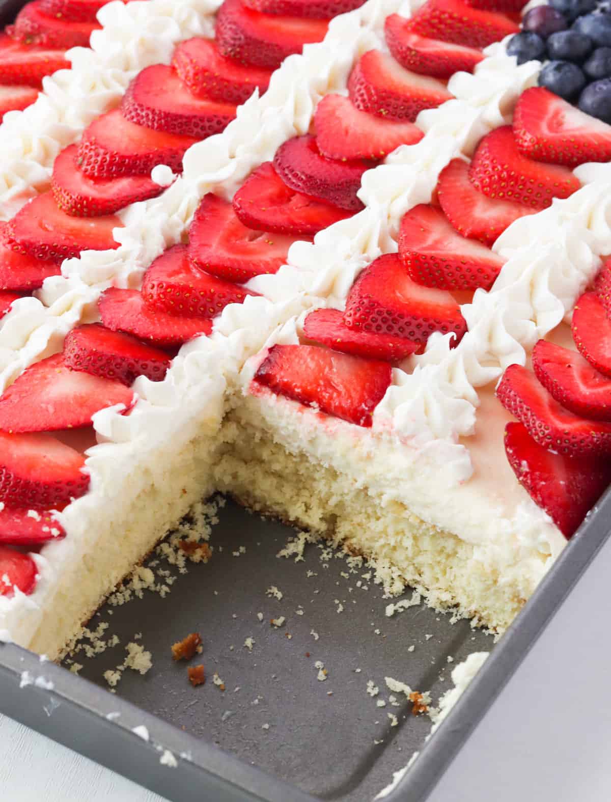 Close-up of Flag Cake with a slice served
