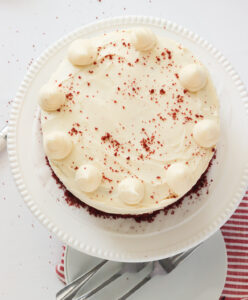 Top view of a red velvet cheesecake