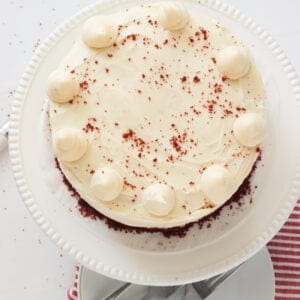 Top view of a red velvet cheesecake