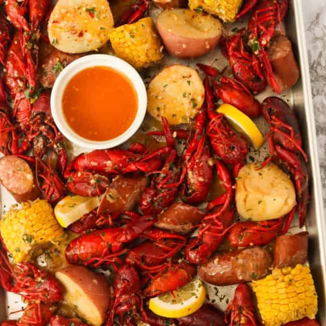 Crawfish Boil on a tray with sauce