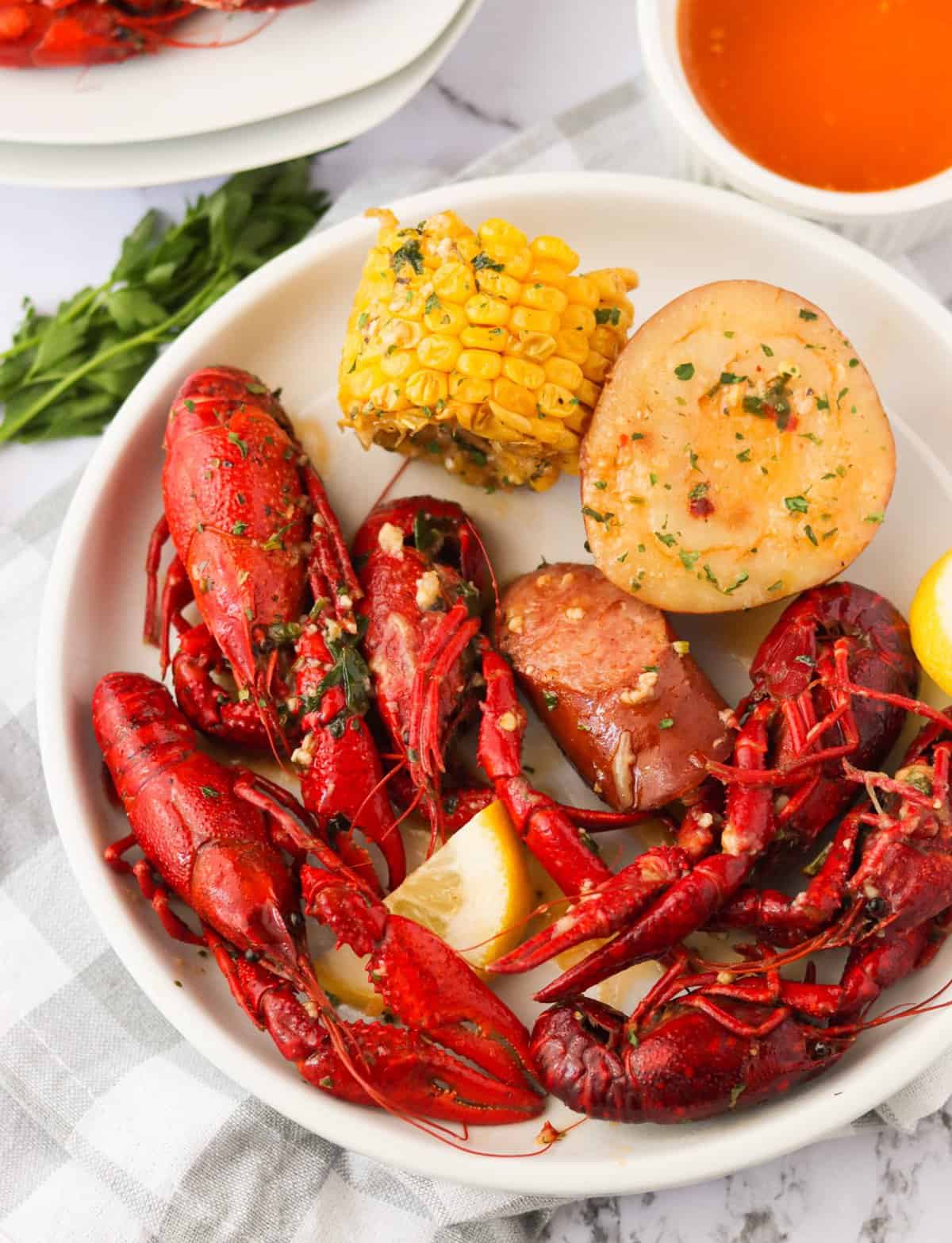 Crawfish boil with corn on the cob and potatoes