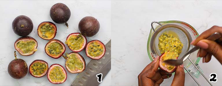 Cut your passion fruit in half and scoop out the pulp