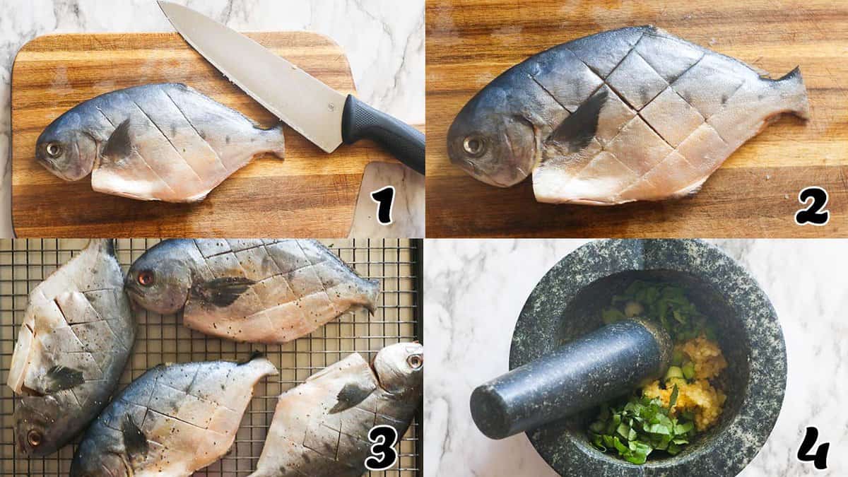 Prepare the fish and the ingredients.