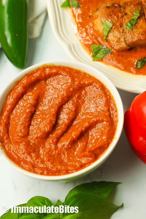 Creamy, tangy, and smoky-sweet, Roasted Red Pepper Sauce with fish