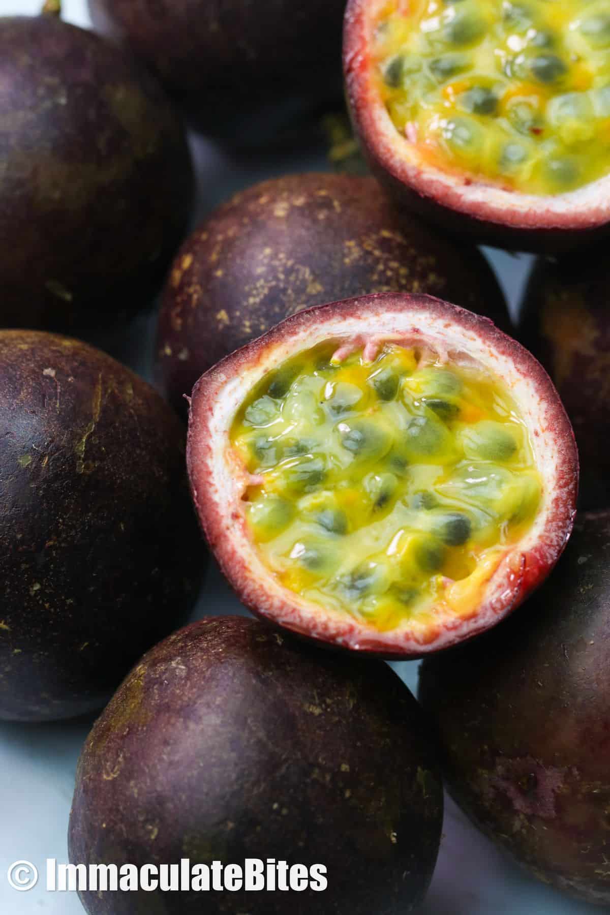 Passion fruit with some cut in half
