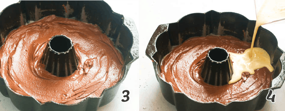 Pour in the cake batter and carefully pour the flan mixture on top